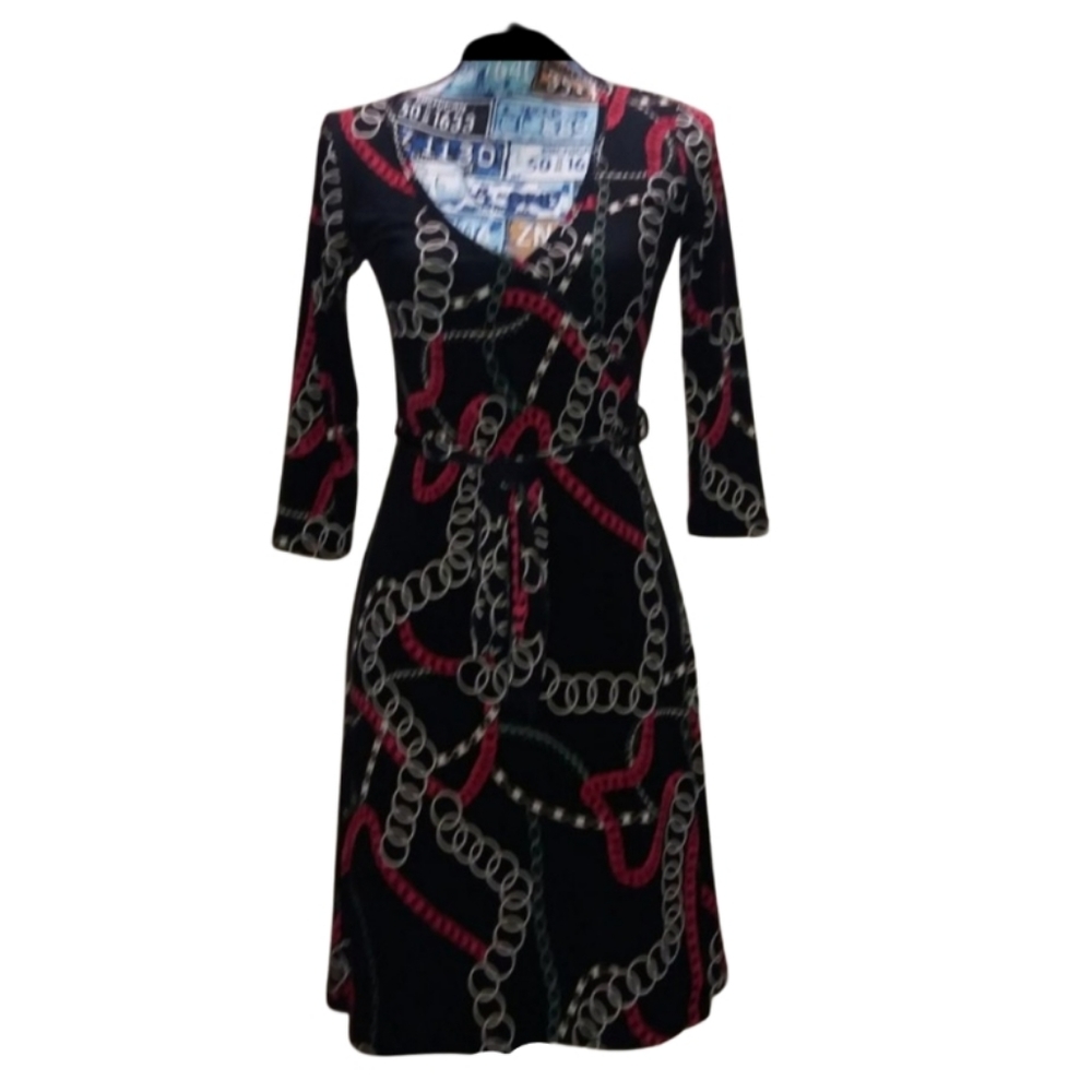 Chesley Chain Patterned Black 3/4 Sleeve Dress